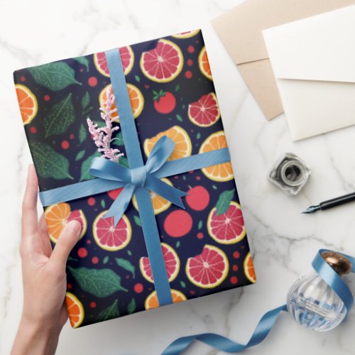 Colorful Citrus Grapefruits Oranges Leaves Pattern Wrapping Paper