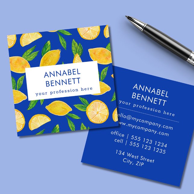 Colorful Citrus Lemon pattern professional Square Business Card (Citrus lemon professional square business card in blue.)
