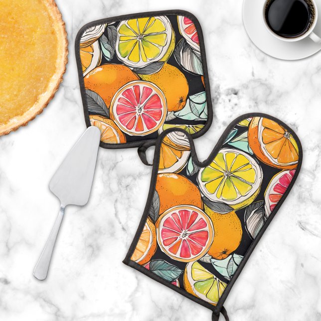 Colorful Citrus  Oven Mitt & Pot Holder Set (This cute oven mitt & pot holder set will add a touch of whimsy and splash of color to your kitchen.)