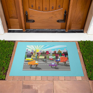 Colorful City Traffic Vibrant Urban Sunrise Doormat