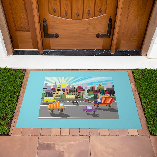 Colorful City Traffic Vibrant Urban Sunrise Doormat (Creator Uploaded)