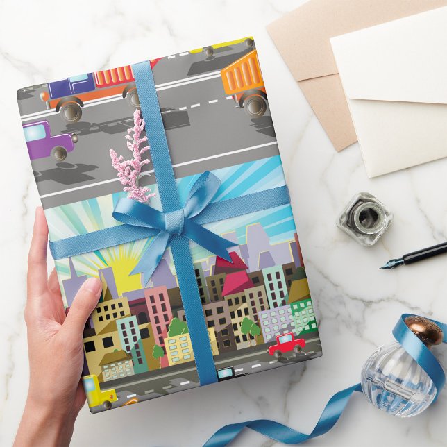 Colorful City Traffic Vibrant Urban Sunrise Wrapping Paper (Creator Uploaded)