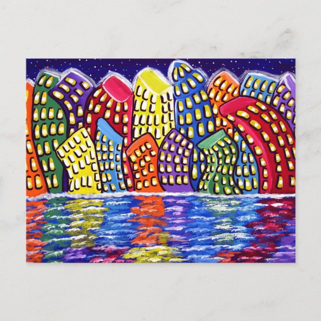 Colorful Cityscape Fun Folk Art Post Card (Front)