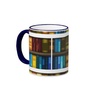 Colorful classic books on bookshelf mug