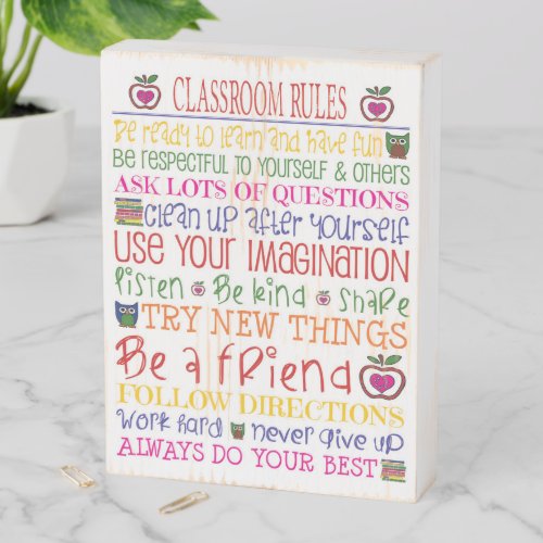 Colorful Classroom Rules Word Art Wooden Box Sign