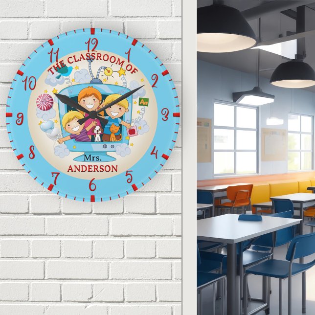 Colorful Classroom Teacher  Round Clock (Wall clock featuring an illustration of happy children going to school - nice for a teacher)