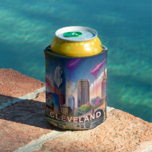 Colorful Cleveland Skyline Abstract Art Can Cooler
