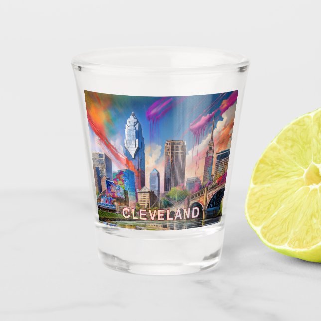 Colorful Cleveland Skyline Abstract Art Shot Glass (Front)