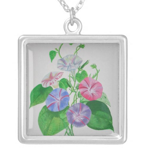 Colorful Climbing Morning Glory Botanical Art Silver Plated Necklace