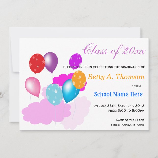 Colorful clouds and balloons kindergarten invitation (Front)
