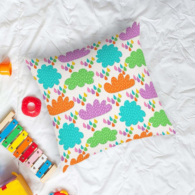 Colorful Clouds and Raindrops Throw Pillow (Creator Uploaded)