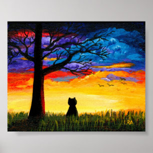 Colorful Clouds Landscape Tree Black Cat Poster