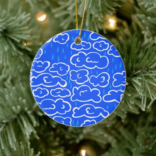 Colorful Clouds Rain Blue Pattern Ceramic Ornament