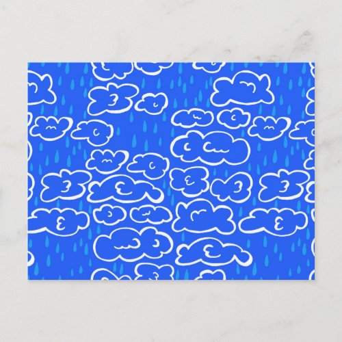 Colorful Clouds Rain Blue Pattern Postcard