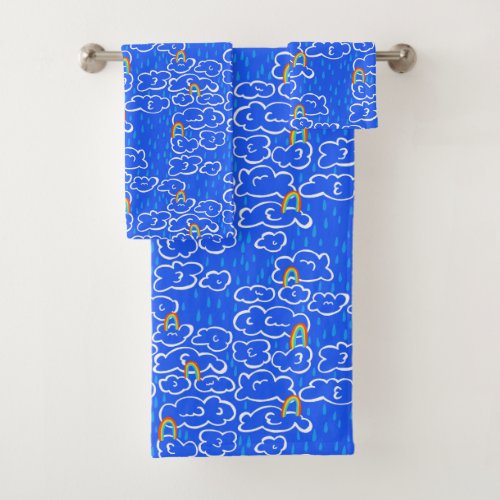 Colorful Clouds Rain Rainbow Blue Pattern Bath Towel Set