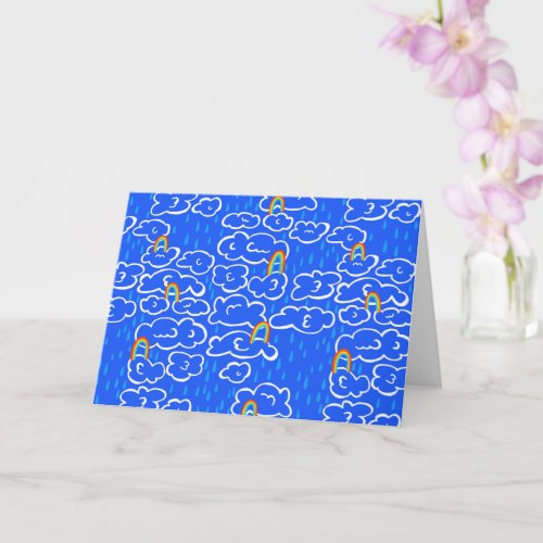 Colorful Clouds Rain Rainbow Blue Pattern Card