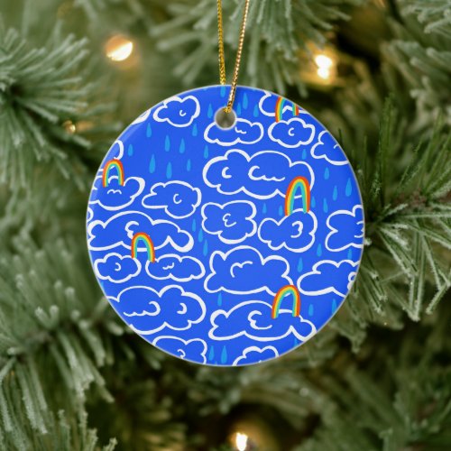 Colorful Clouds Rain Rainbow Blue Pattern Ceramic Ornament