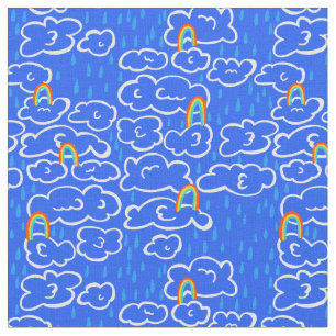 Colorful Clouds Rain Rainbow Blue Pattern Fabric