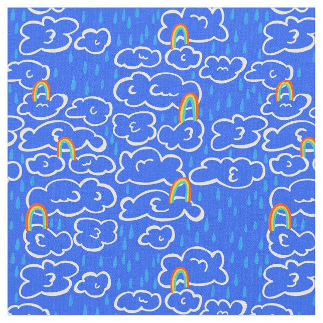 Colorful Clouds Rain Rainbow Blue Pattern Fabric (Close Up)