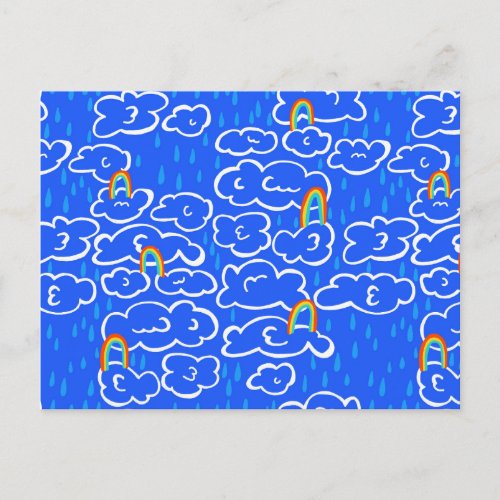 Colorful Clouds Rain Rainbow Blue Pattern Postcard