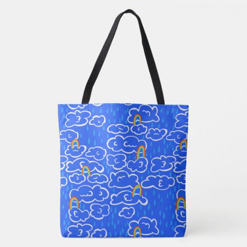 Colorful Clouds Rain Rainbow Blue Pattern Tote Bag