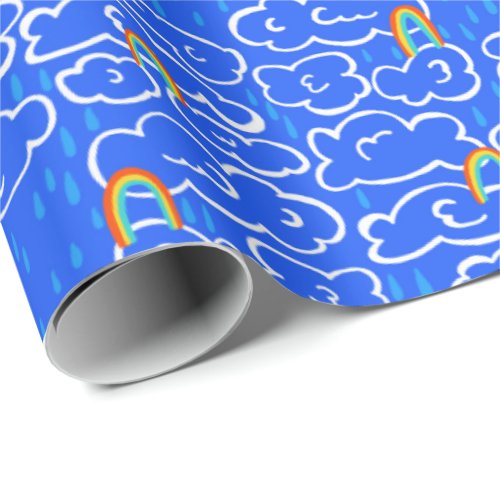 Colorful Clouds Rain Rainbow Blue Pattern Wrapping Paper