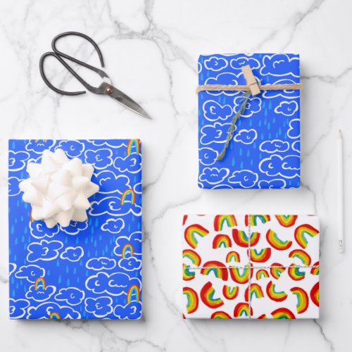 Colorful Clouds Rain Rainbow Blue Pattern Wrapping Paper Sheets