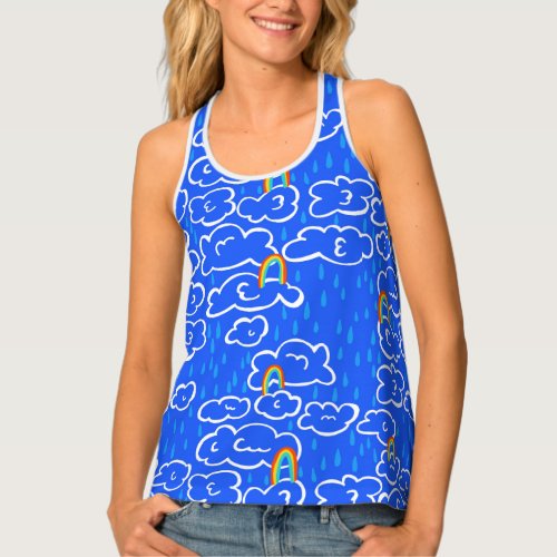Colorful Clouds Rainbow Raindrops  Blue Pattern Tank Top