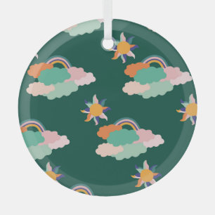 Colorful Clouds Rainbows Seamless Pattern Glass Ornament
