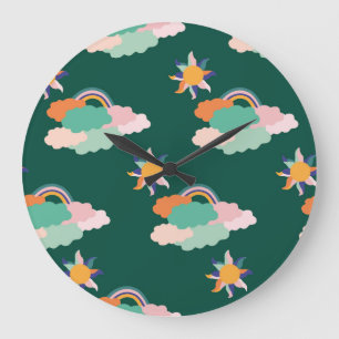 Colorful Clouds Rainbows Seamless Pattern Large Clock