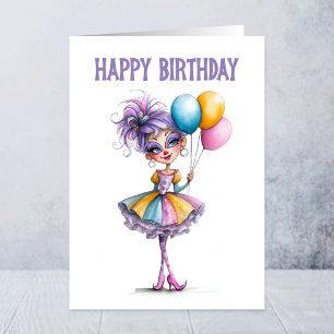 Colorful Clown Girl Holding Balloons Birthday Card