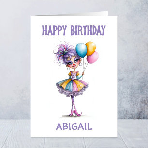 Colorful Clown Girl Holding Balloons Birthday Card