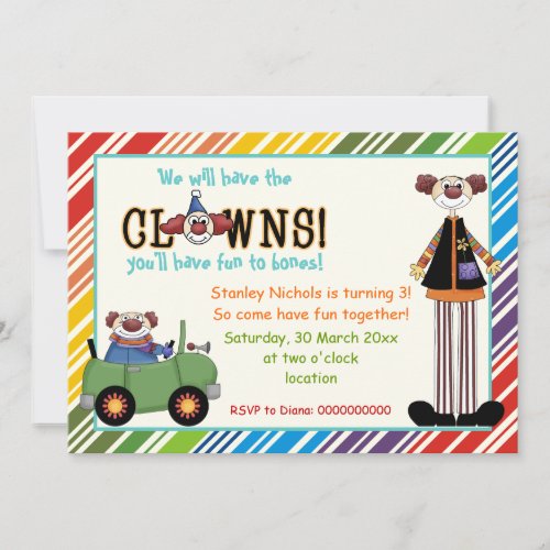 Colorful clown striped border kids birthday invitation