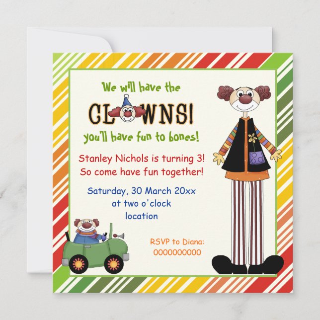 Colorful clown striped border kids birthday invitation (Front)