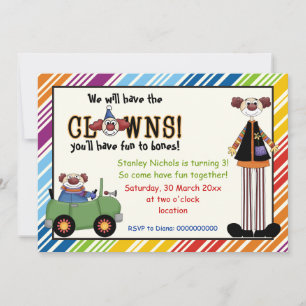 Colorful clown striped border kids birthday invite