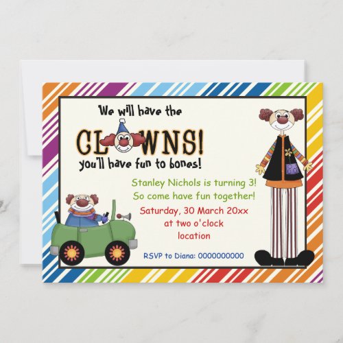 Colorful clown striped border kids birthday invite