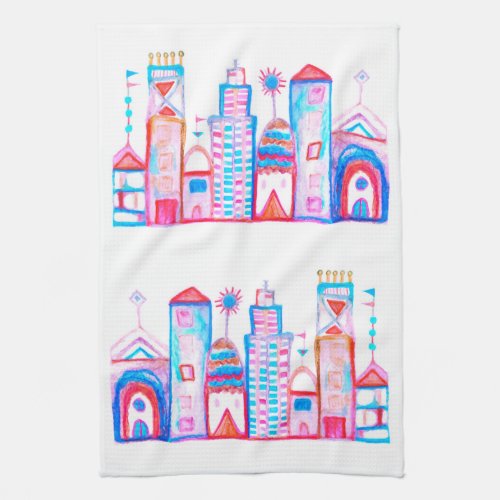 Colorful Clown Town Whimsical Village Kitchen Towel