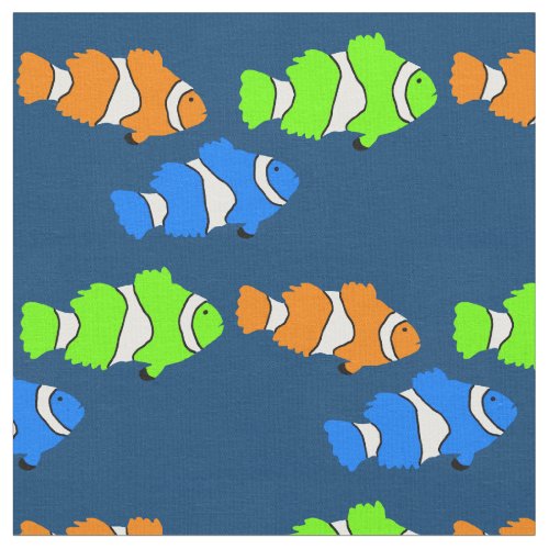 Colorful Clownfish Swimming Navy Blue Fabric