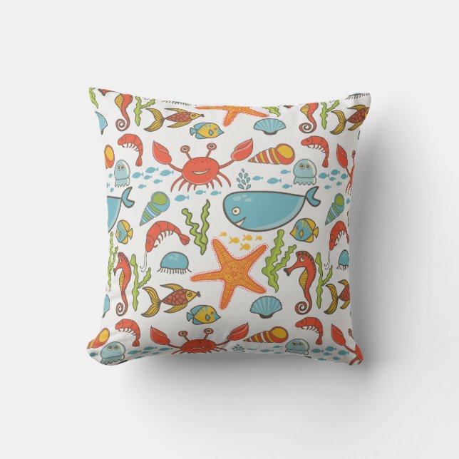 Colorful Coastal Beach Seashore Pattern Throw Pillow (Front)