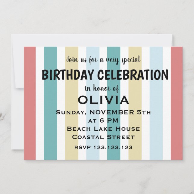 Colorful Coastal Beach Stripes Birthday  Invitation (Front)