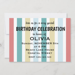 Colorful Coastal Beach Stripes Birthday Invitation