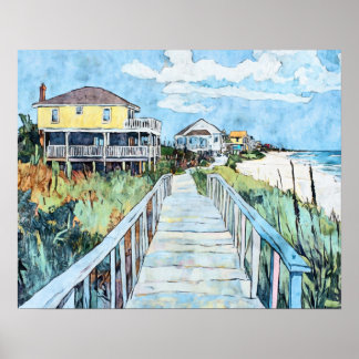  Colorful Coastal Boardwalk and Beach Houses Poster
