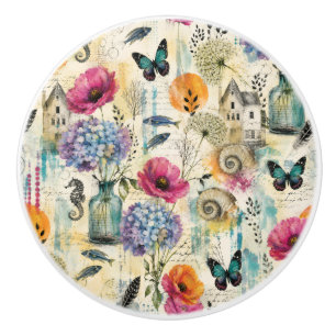 Colorful Coastal Botanical watercolor Pattern Ceramic Knob