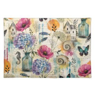 Colorful Coastal Botanical watercolor Pattern Cloth Placemat