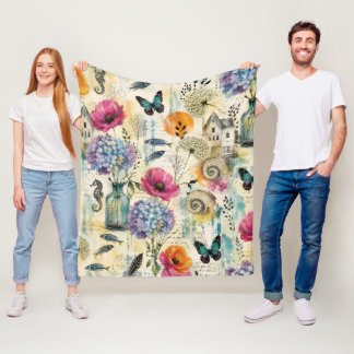 Colorful Coastal Botanical watercolor Pattern Fleece Blanket