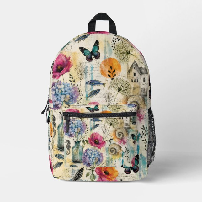 Colorful Coastal Botanical watercolor Pattern Printed Backpack (Front)