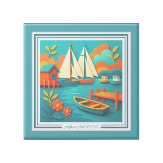 Colorful Coastal Harbor Scene Paper Cut Style Art