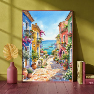 Colorful Coastal Italian Village Alleyway Ocean Poster