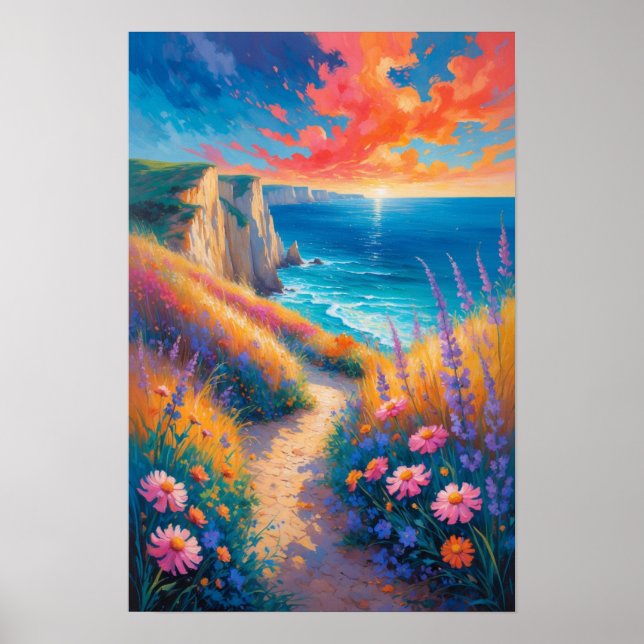 Colorful Coastal Path with Flowers and Ocean View Poster (Front)