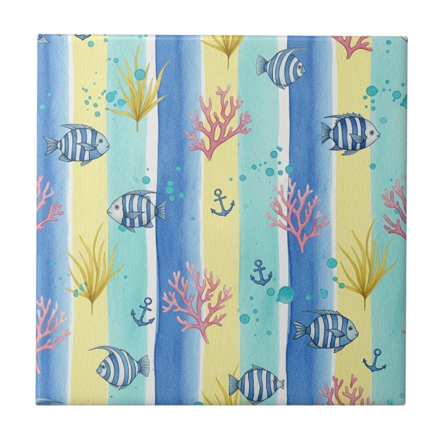 Colorful Coastal Sea Life Pattern (10) Ceramic Tile (Front)